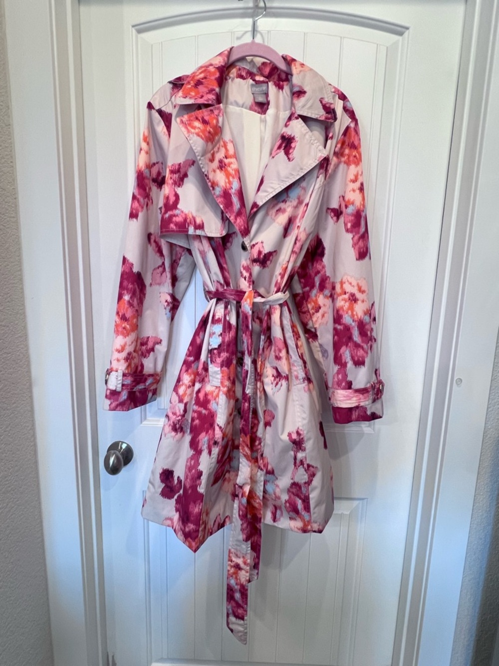 Chico's Ikat Floral Belted Removable Hood Rain Trench Coat Sz 3   16/18 - Picture 2 of 13